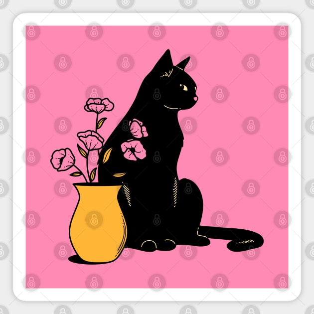 Playful Black Cat in pink Magnet by The Charcoal Cat Co.